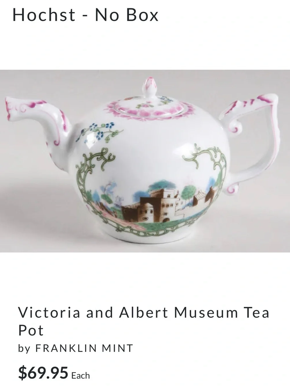 Franklin Mint 1985 “Höchst” Victoria & Albert Museum Teapot | Collectible | EUC